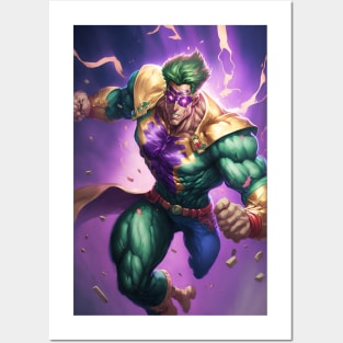 Anime Super Hero Muscular Green Gold Suit with Lightning Posters and Art